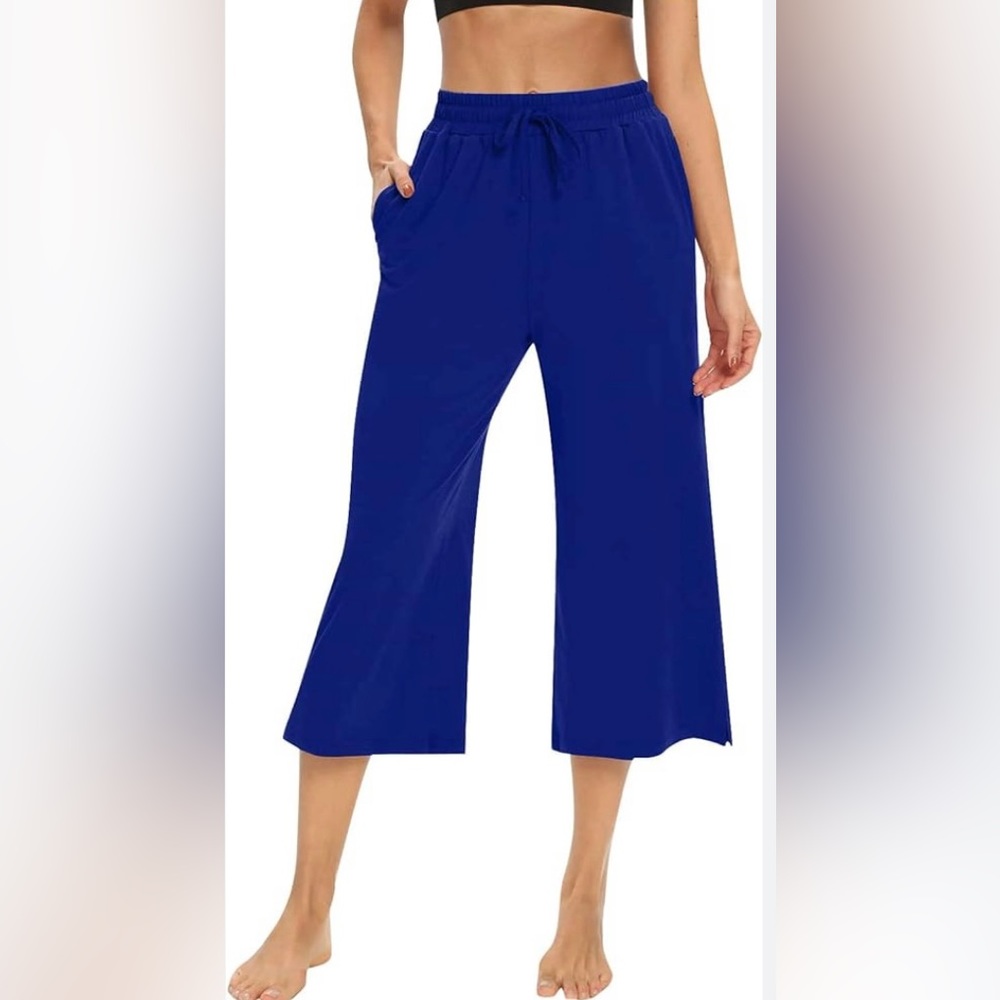 Sunyaa Womens Pants Cropped Elastic Waist size L, Royal Blue